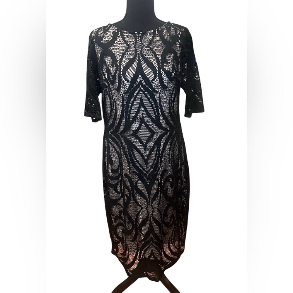 Sandra Darren Black w/ Nude Lining Elbow Sleeve Lace Cocktail Dress Women's 12